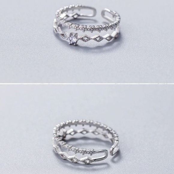 925 Sterling Silver Dainty Diamond Adjustable Ring - Picture 3 of 6